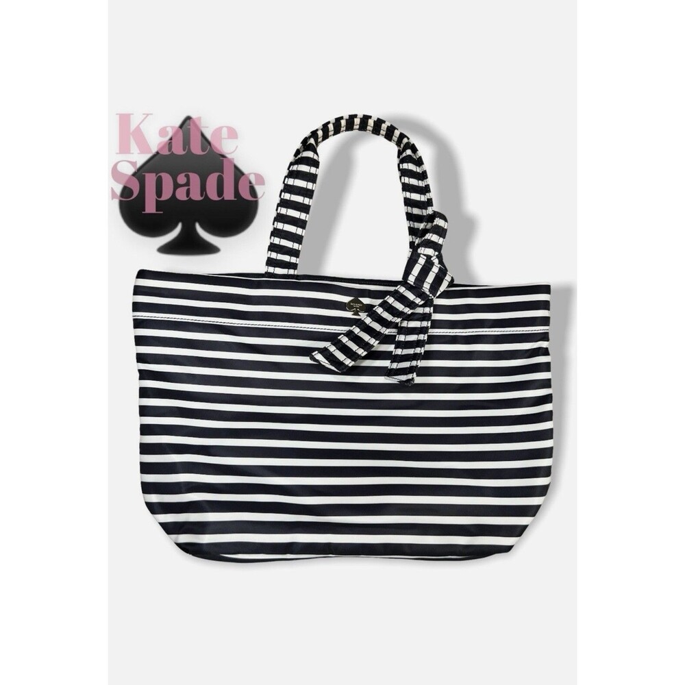 KATE SPADE NEW YORK Barbara Flatiron Nylon Bag Black White Stripe Tote Beach